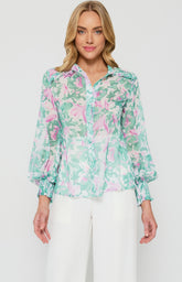SOGNA COL Floral Printed Sheer Chiffon Shirt with Ruffle Details  STO654B